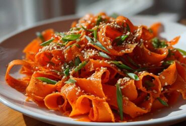 Close-up of a bright orange raw carrot salad made with shaved carrot ribbons, topped with white sesame seeds and chopped green onions.