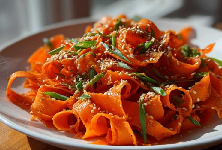Close-up of a bright orange raw carrot salad made with shaved carrot ribbons, topped with white sesame seeds and chopped green onions.