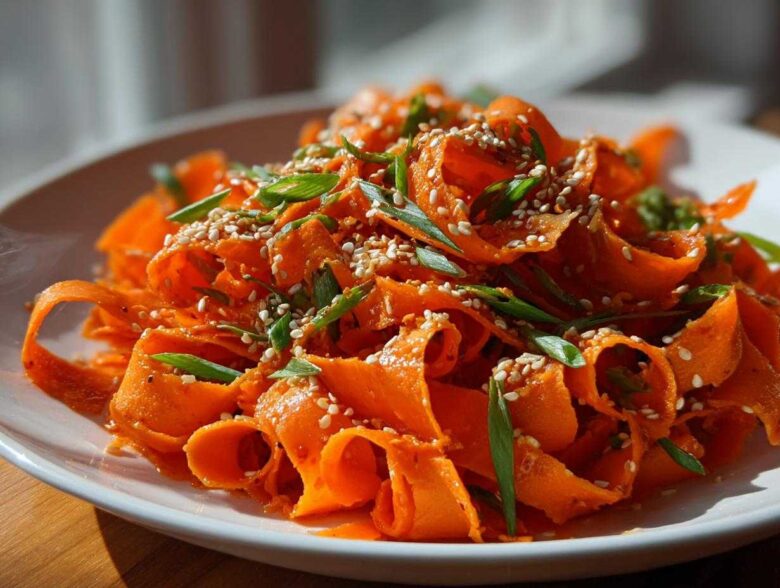 Close-up of a bright orange raw carrot salad made with shaved carrot ribbons, topped with white sesame seeds and chopped green onions.