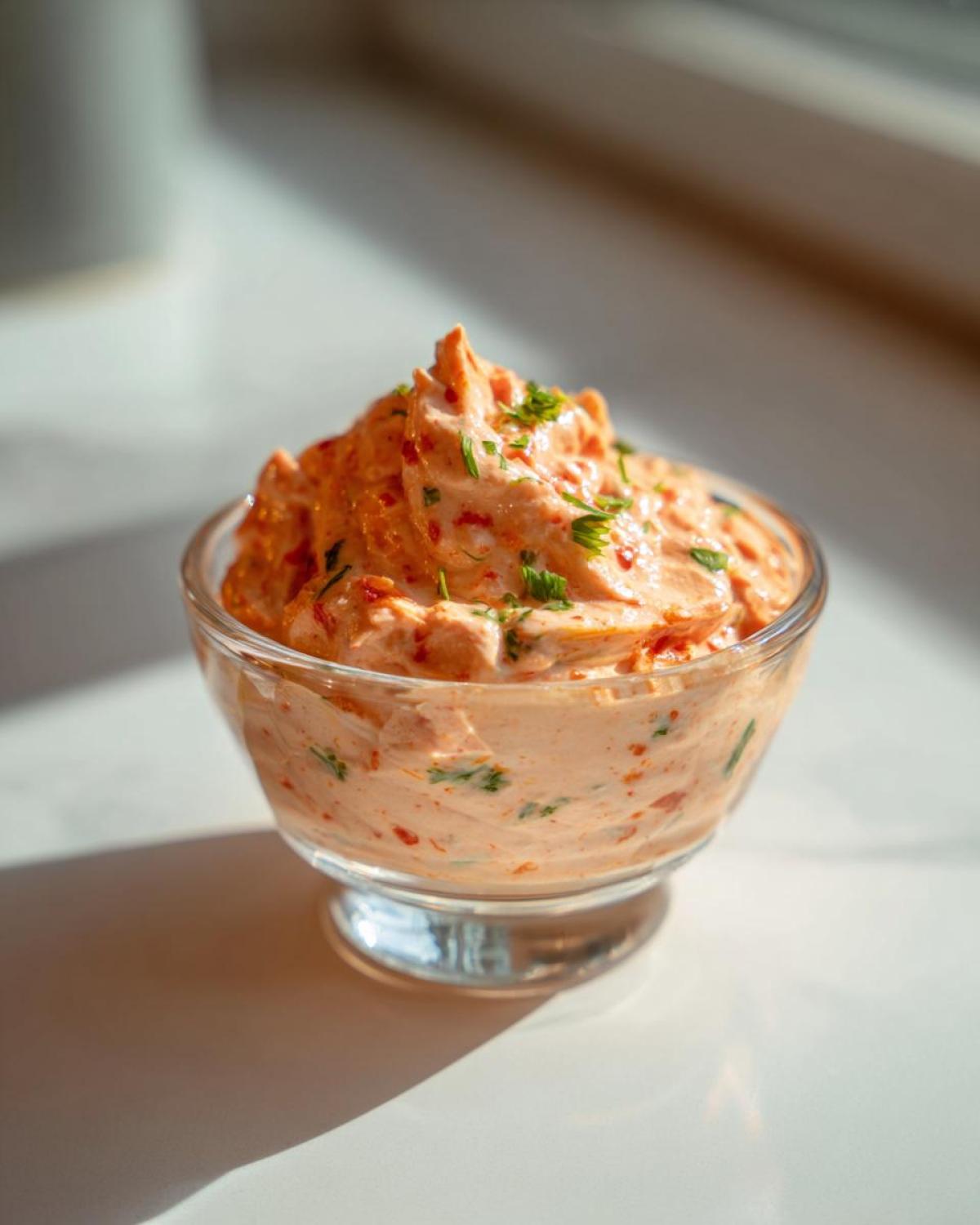 A small glass bowl filled with thick, orange-hued remoulade sauce, garnished with fresh green herbs.