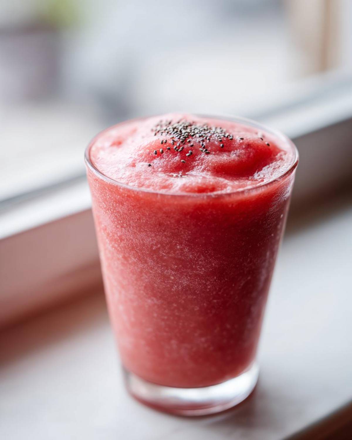 Close-up of a vibrant, icy watermelon smoothie in a glass, topped with chia seeds.