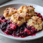 A close-up shot of warm berry cobbler featuring a rich, deep purple berry filling and golden biscuit topping dusted with powdered sugar.