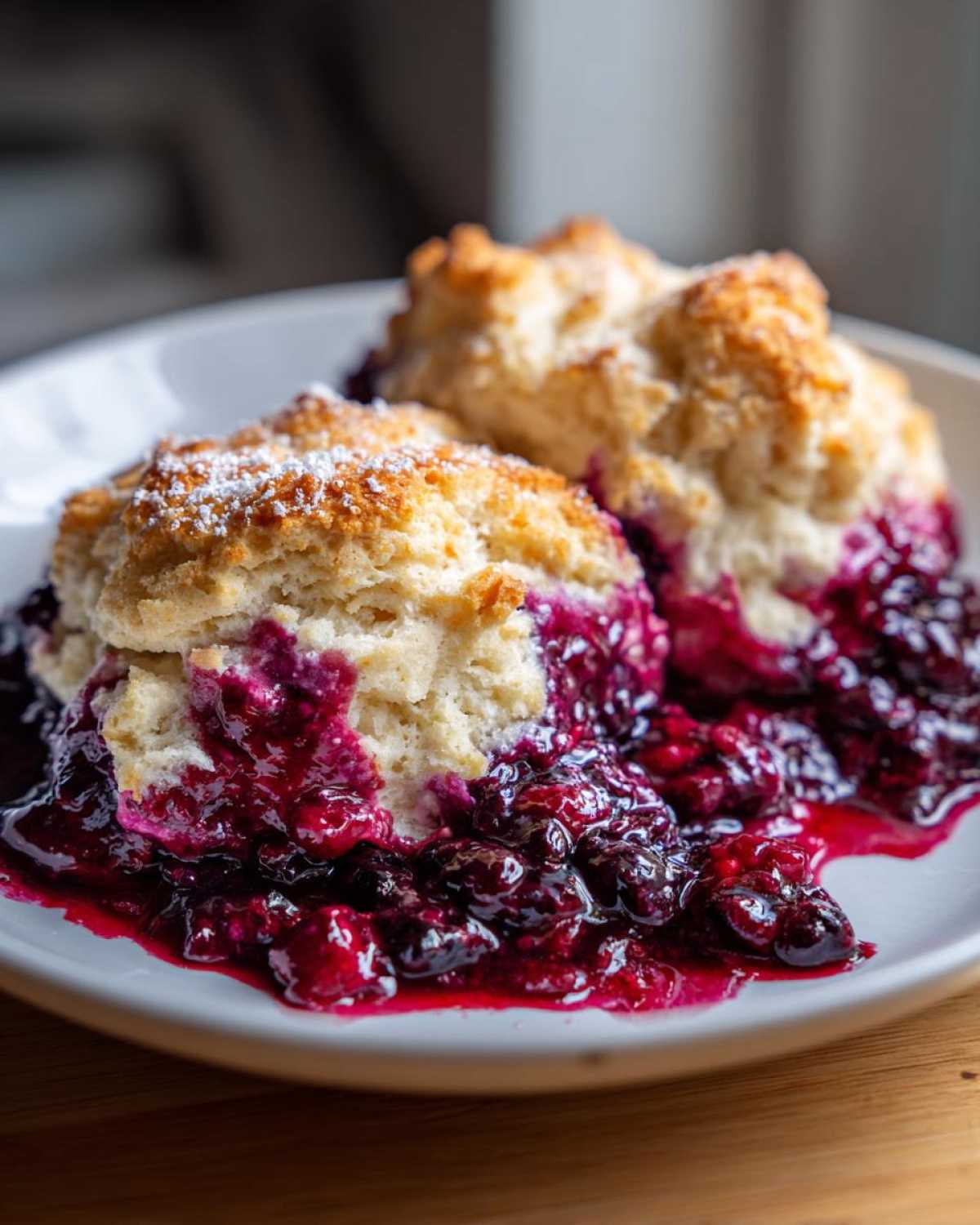 Close-up of two servings of warm berry cobbler, featuring rich, dark berry filling and golden biscuit tops dusted with powdered sugar.