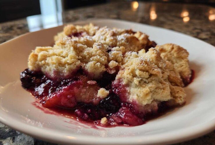 Close-up of a warm serving of berry cobbler with a golden crumb topping dusted with powdered sugar.