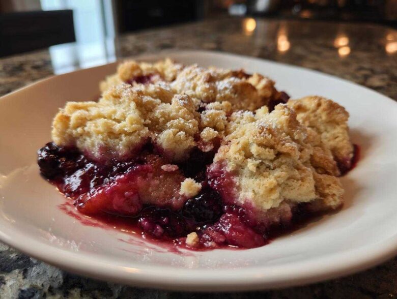 Close-up of a warm serving of berry cobbler with a golden crumb topping dusted with powdered sugar.