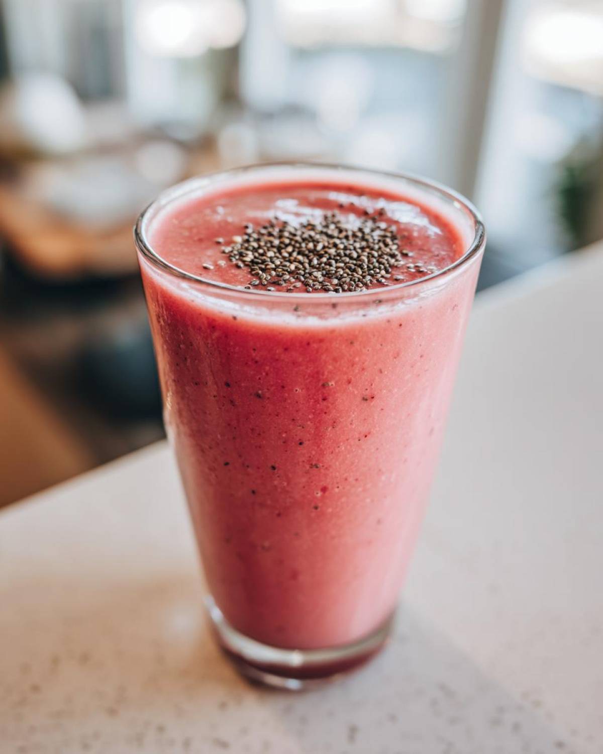 Close-up of a vibrant pink watermelon smoothie in a glass, topped with a sprinkle of chia seeds.