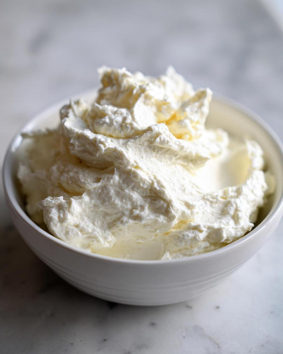 Close-up of fluffy, white creamy horseradish sauce texture piled high in a small white bowl.
