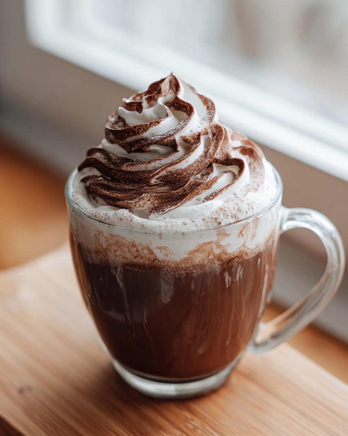 A clear glass mug filled with rich whipped hot chocolate, topped with a swirl of whipped cream and cocoa powder.