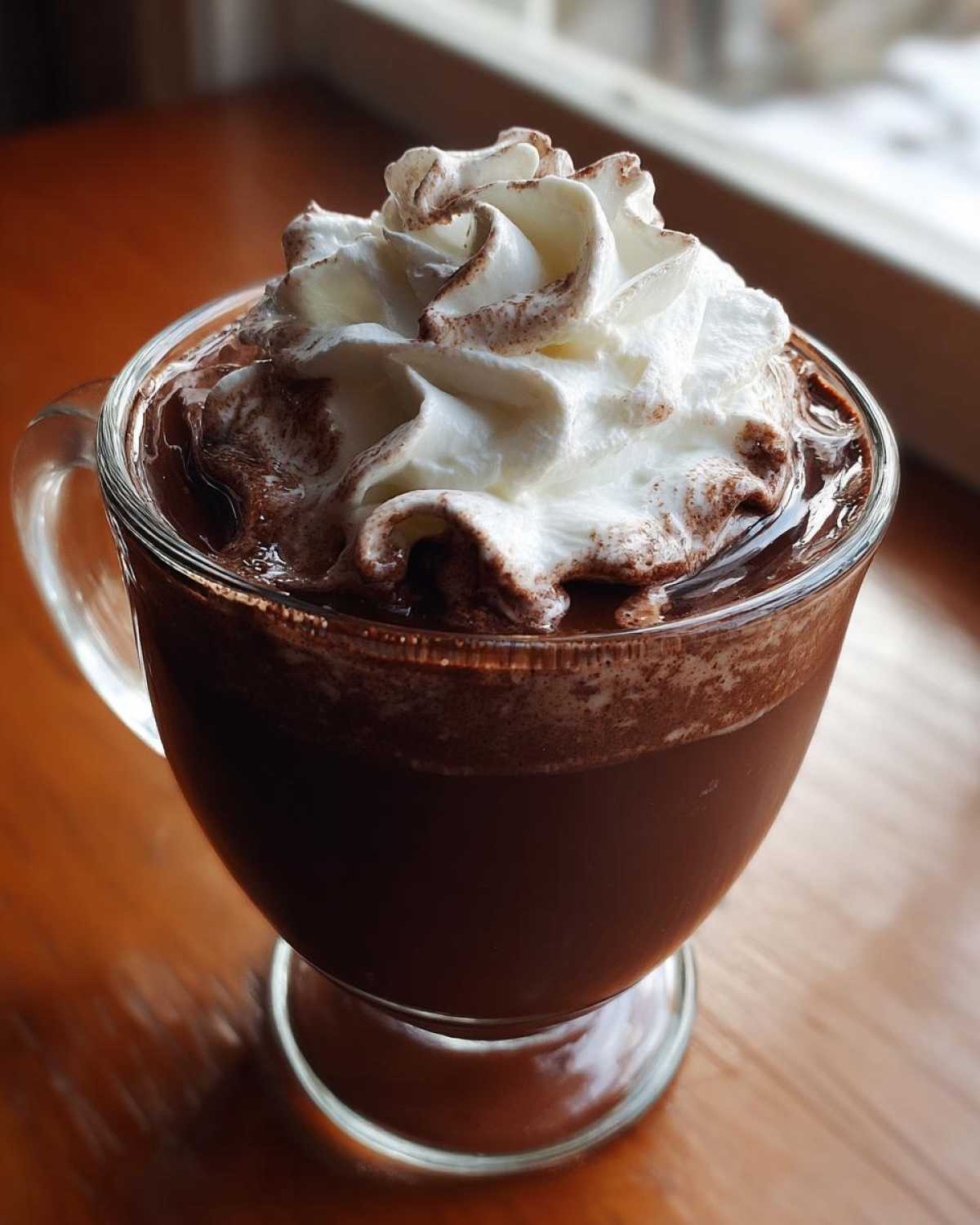 Close-up of rich whipped hot chocolate topped with fluffy whipped cream and cocoa dusting.
