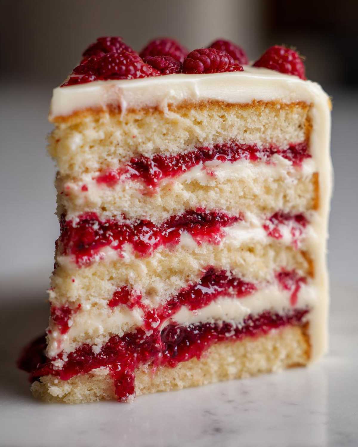 A close-up cross-section of a decadent white chocolate raspberry cake showing four layers of vanilla sponge, raspberry filling, and white frosting.