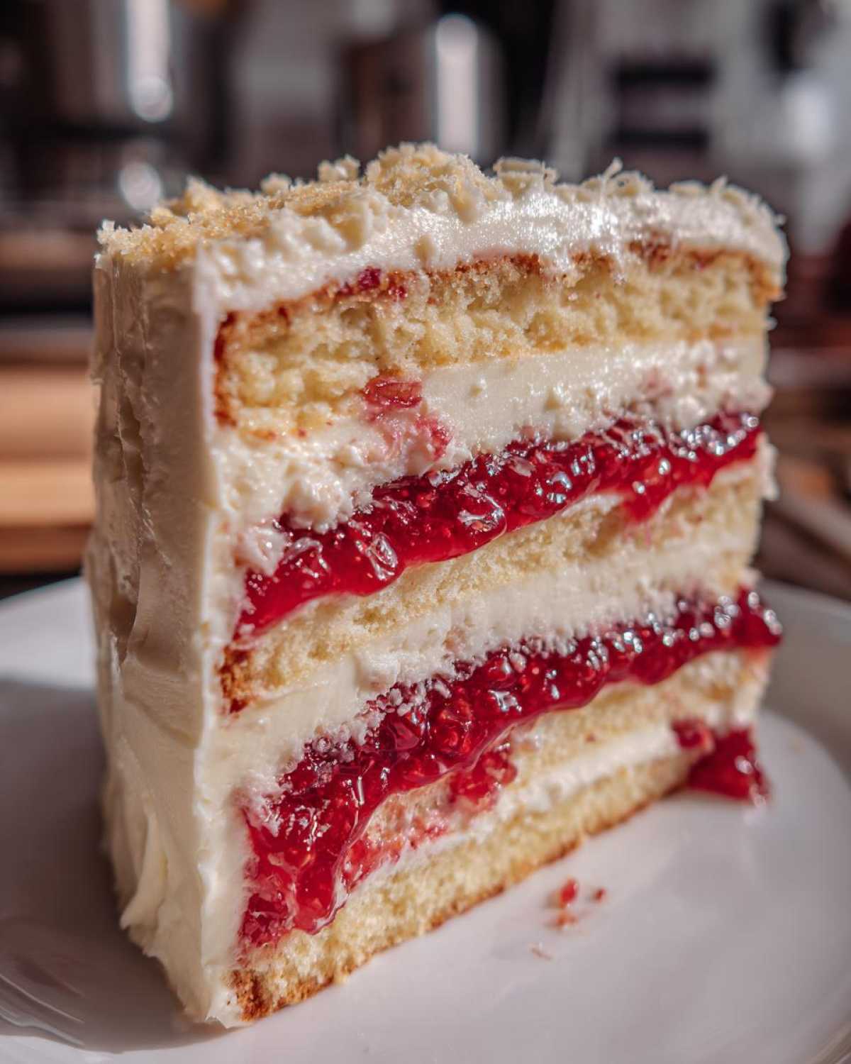 Close-up of a layered slice of white chocolate raspberry cake showing vanilla sponge, white frosting, and bright red raspberry filling.