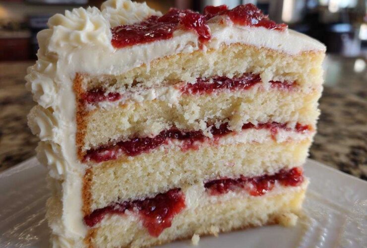 Close-up of a decadent slice of white chocolate raspberry cake showing four layers of sponge, filling, and white frosting.