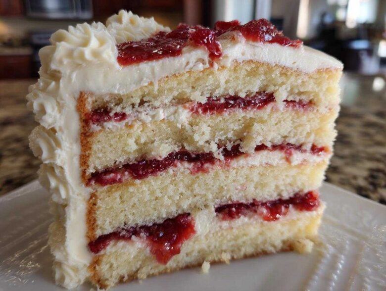 Close-up of a decadent slice of white chocolate raspberry cake showing four layers of sponge, filling, and white frosting.