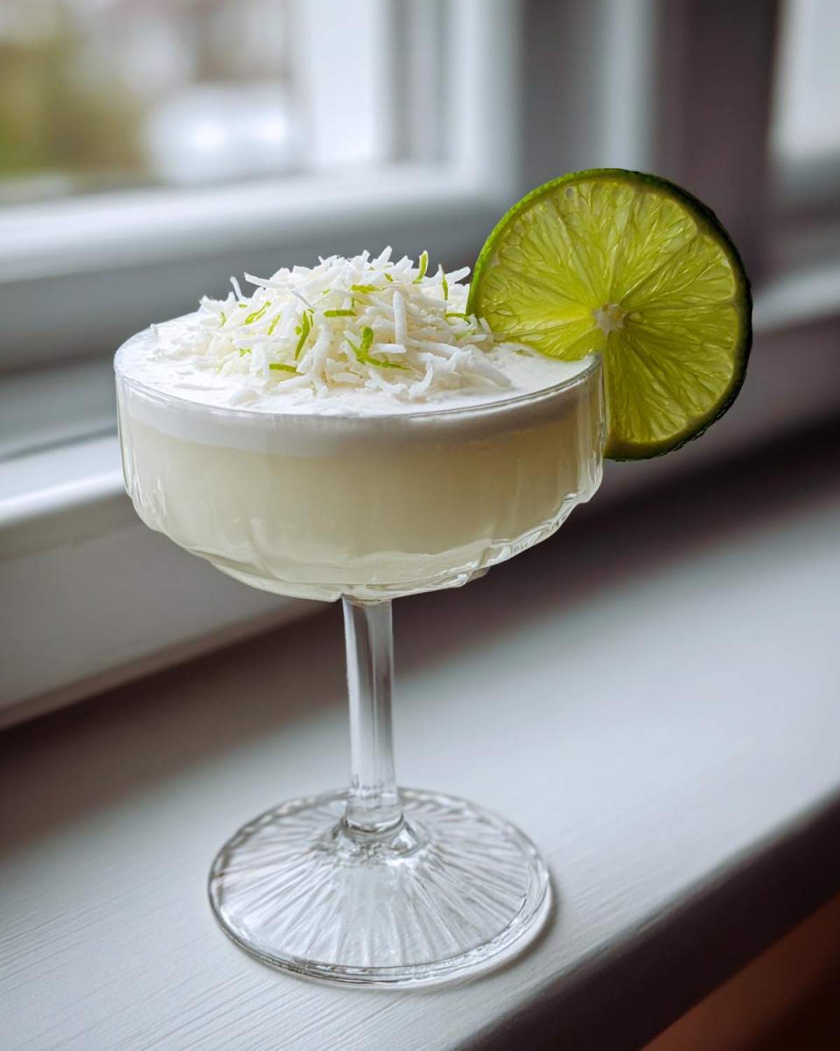 A creamy white Christmas margarita cocktail topped with shredded coconut and lime zest, garnished with a lime wheel.