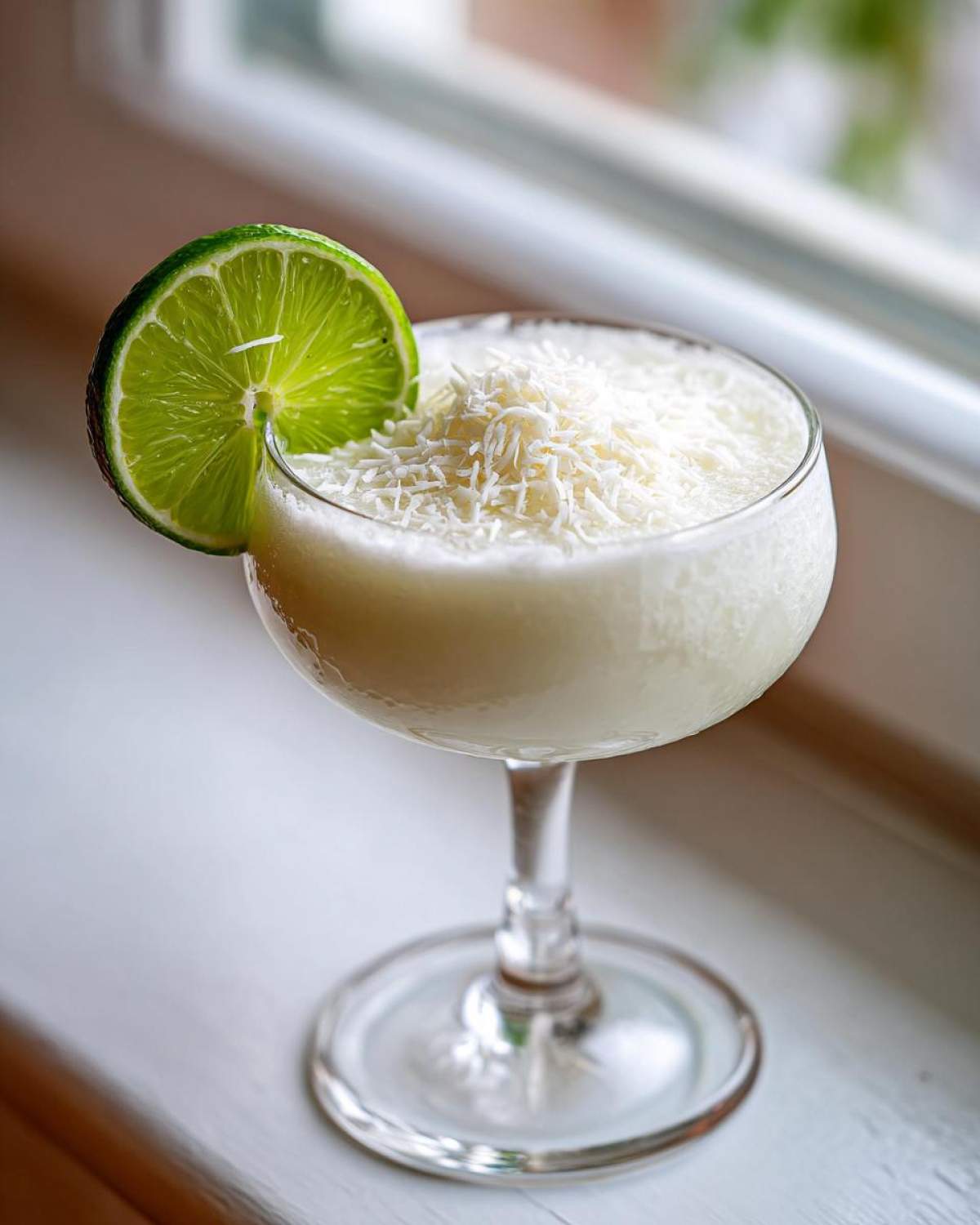 A frosty white Christmas margarita garnished with shredded coconut and a fresh lime wheel.
