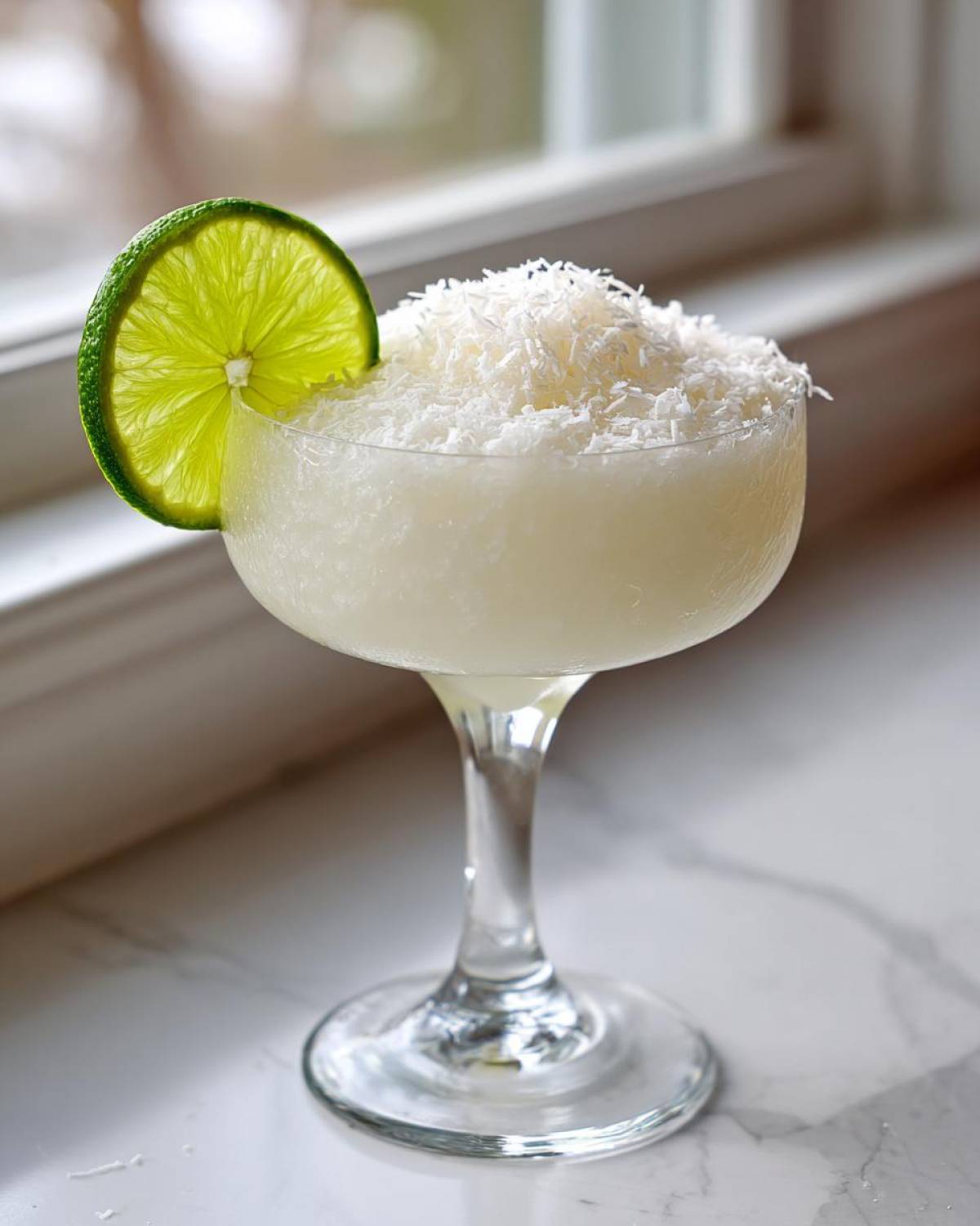 A frosty white Christmas margarita topped with shredded coconut and garnished with a bright lime wheel.
