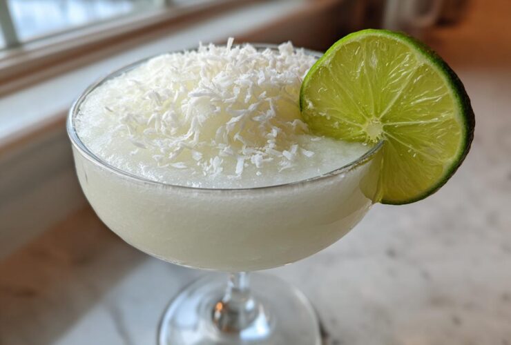 A frosty white Christmas margarita served in a coupe glass, topped with shredded coconut and garnished with a lime wheel.