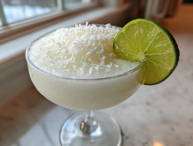 A frosty white Christmas margarita served in a coupe glass, topped with shredded coconut and garnished with a lime wheel.