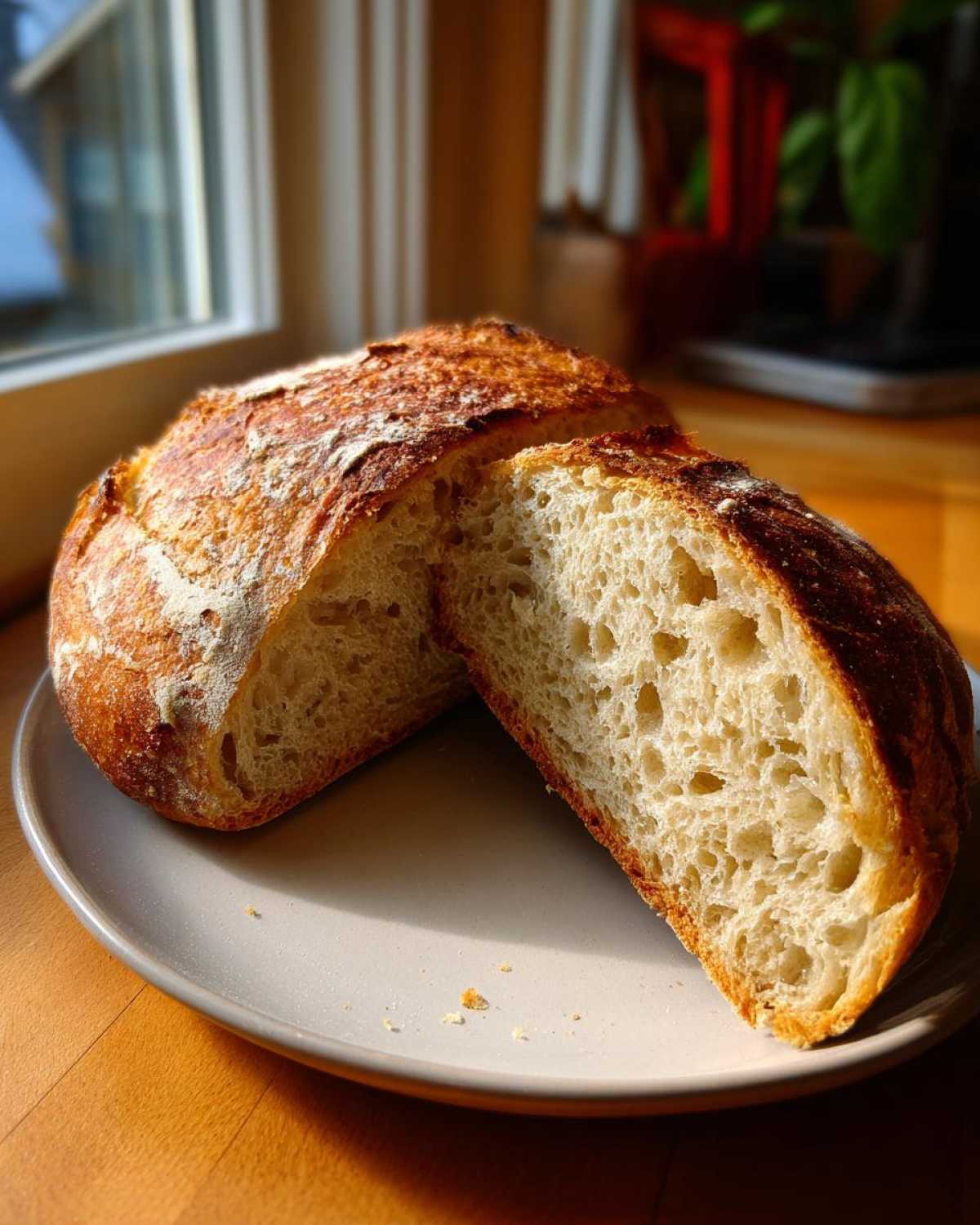 A freshly baked loaf of whole wheat bread, sliced open to show the airy, open crumb structure, resting on a plate.