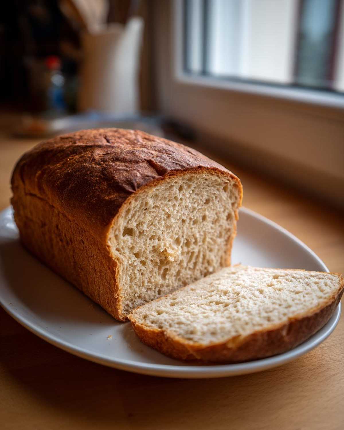 A loaf of freshly baked whole wheat bread, partially sliced, resting on a white plate near a window.