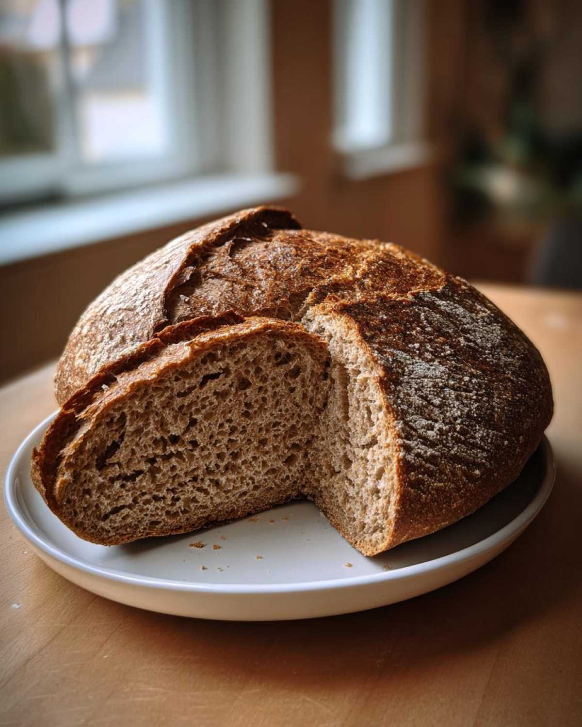 A rustic, round loaf of whole wheat bread, partially sliced, resting on a white plate.