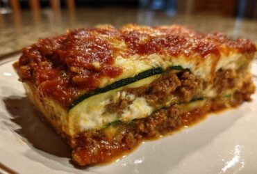 Close-up of a hearty slice of zucchini lasagna featuring layers of meat sauce, ricotta, and zucchini noodles.