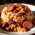 Close-up of a serving of flavorful beans and rice mixed with sliced sausage on a white plate.