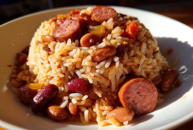 Close-up of a serving of flavorful beans and rice mixed with sliced sausage on a white plate.