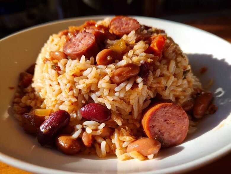 Close-up of a serving of flavorful beans and rice mixed with sliced sausage on a white plate.