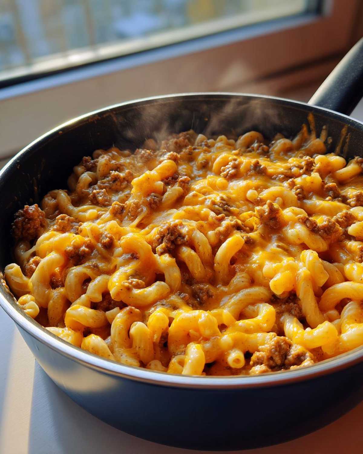 Close-up of hot, steaming taco pasta with elbow macaroni, seasoned ground meat, and melted cheddar cheese in a black skillet.