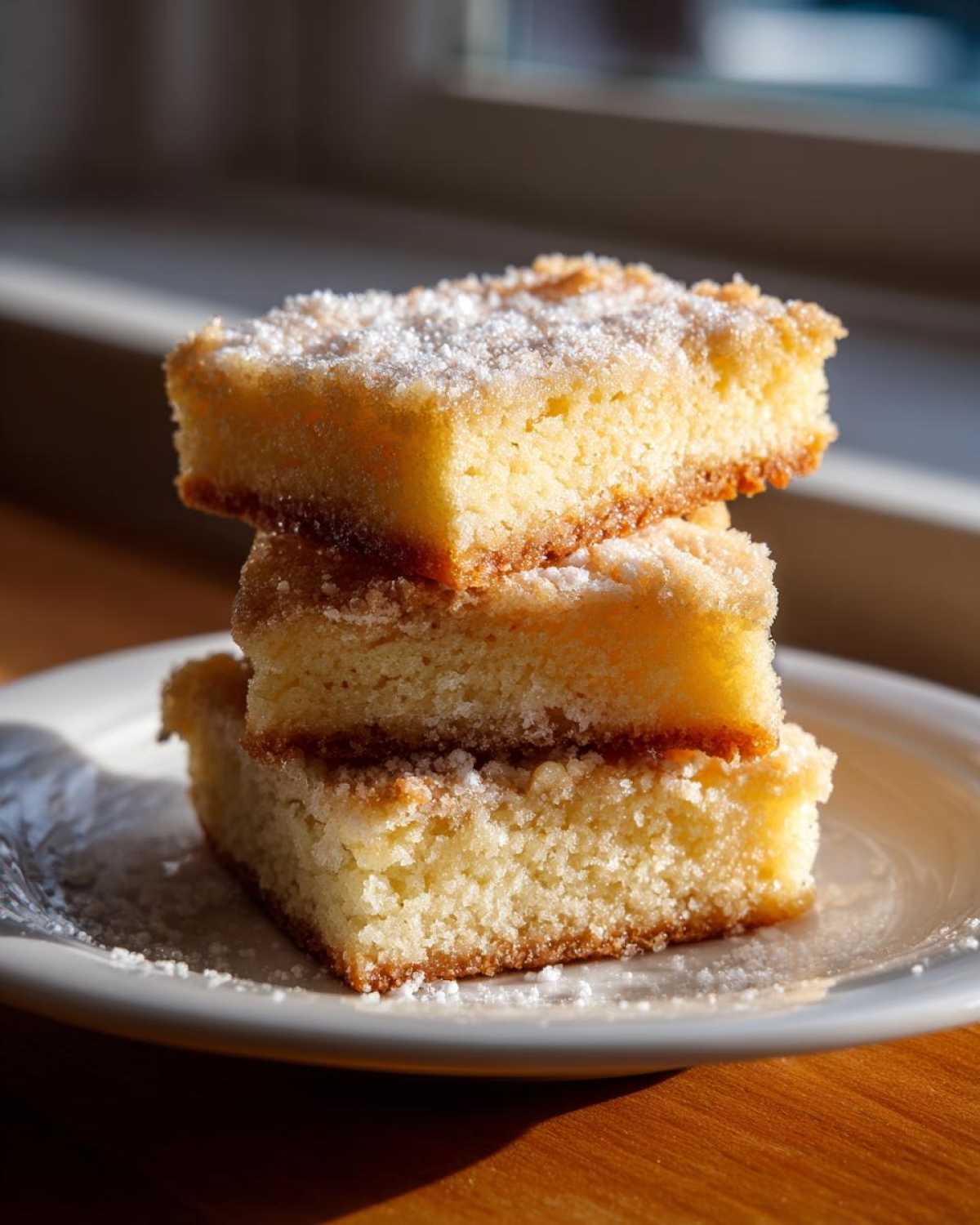 Three square bars of golden shortbread cookies stacked on a white plate, dusted with powdered sugar.