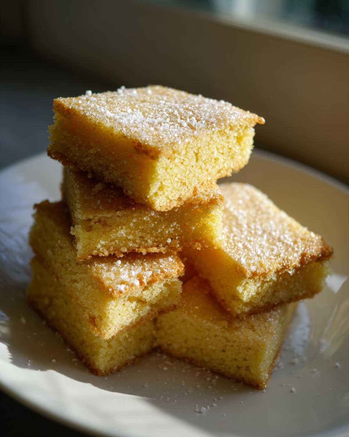 A stack of golden, square-cut 3-ingredient shortbread cookies dusted lightly with powdered sugar.