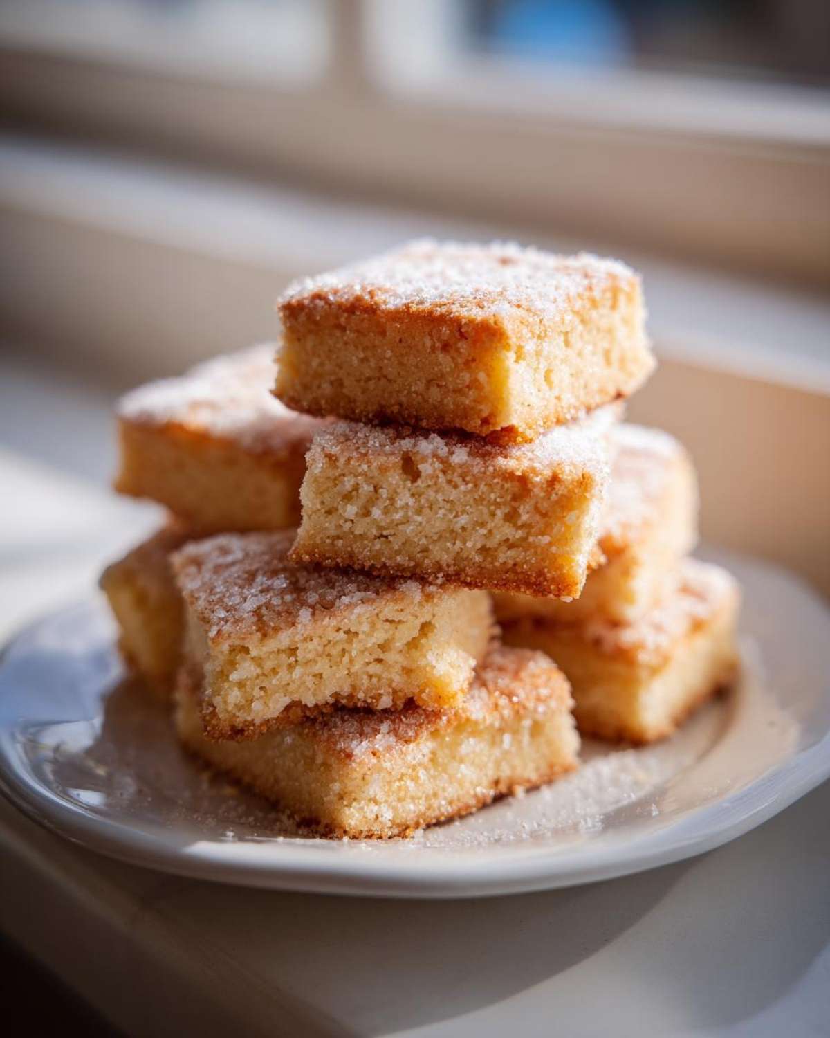 A stack of golden, square 3-ingredient shortbread cookies dusted with coarse sugar, sitting on a white plate near a window.