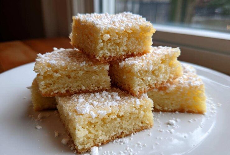 A stack of buttery, golden 3-ingredient shortbread cookies squares dusted generously with powdered sugar on a white plate.
