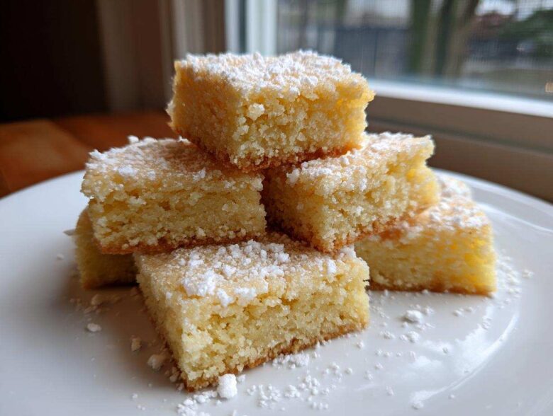 A stack of buttery, golden 3-ingredient shortbread cookies squares dusted generously with powdered sugar on a white plate.