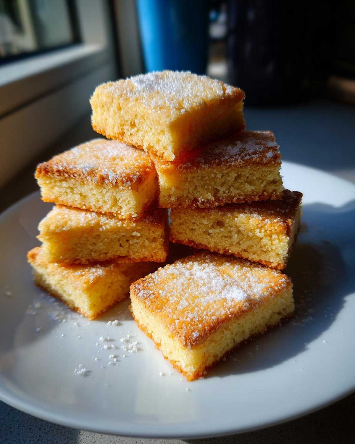 A stack of golden, square-cut shortbread cookies dusted lightly with powdered sugar, sitting on a white plate.