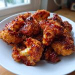 Close-up of golden brown, crispy Air Fryer Crispy BBQ Cauliflower Bites drizzled with sticky sauce on a white plate.