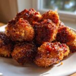A pile of golden brown, crispy Air Fryer Crispy BBQ Cauliflower Bites coated in a sticky, dark BBQ glaze.