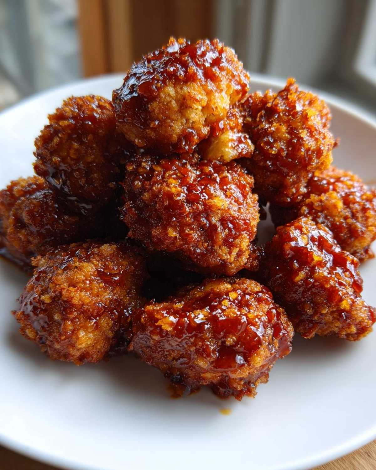 A pile of golden-brown, crispy Air Fryer Crispy BBQ Cauliflower Bites coated in a thick, glossy BBQ sauce.