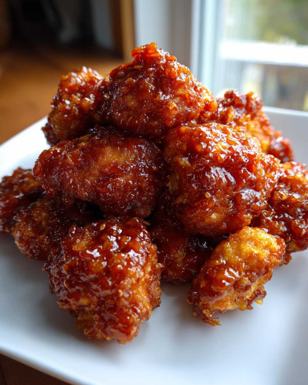 A close-up stack of glistening, saucy Air Fryer Crispy BBQ Cauliflower Bites piled high on a white plate.