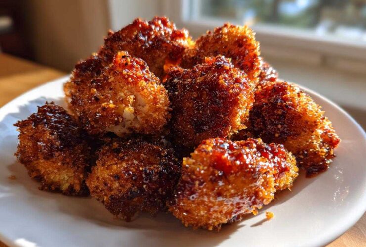 A pile of golden brown, crispy Air Fryer Crispy BBQ Cauliflower Bites coated in a sticky, dark BBQ glaze.