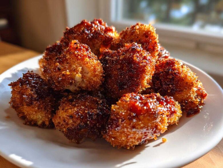 A pile of golden brown, crispy Air Fryer Crispy BBQ Cauliflower Bites coated in a sticky, dark BBQ glaze.