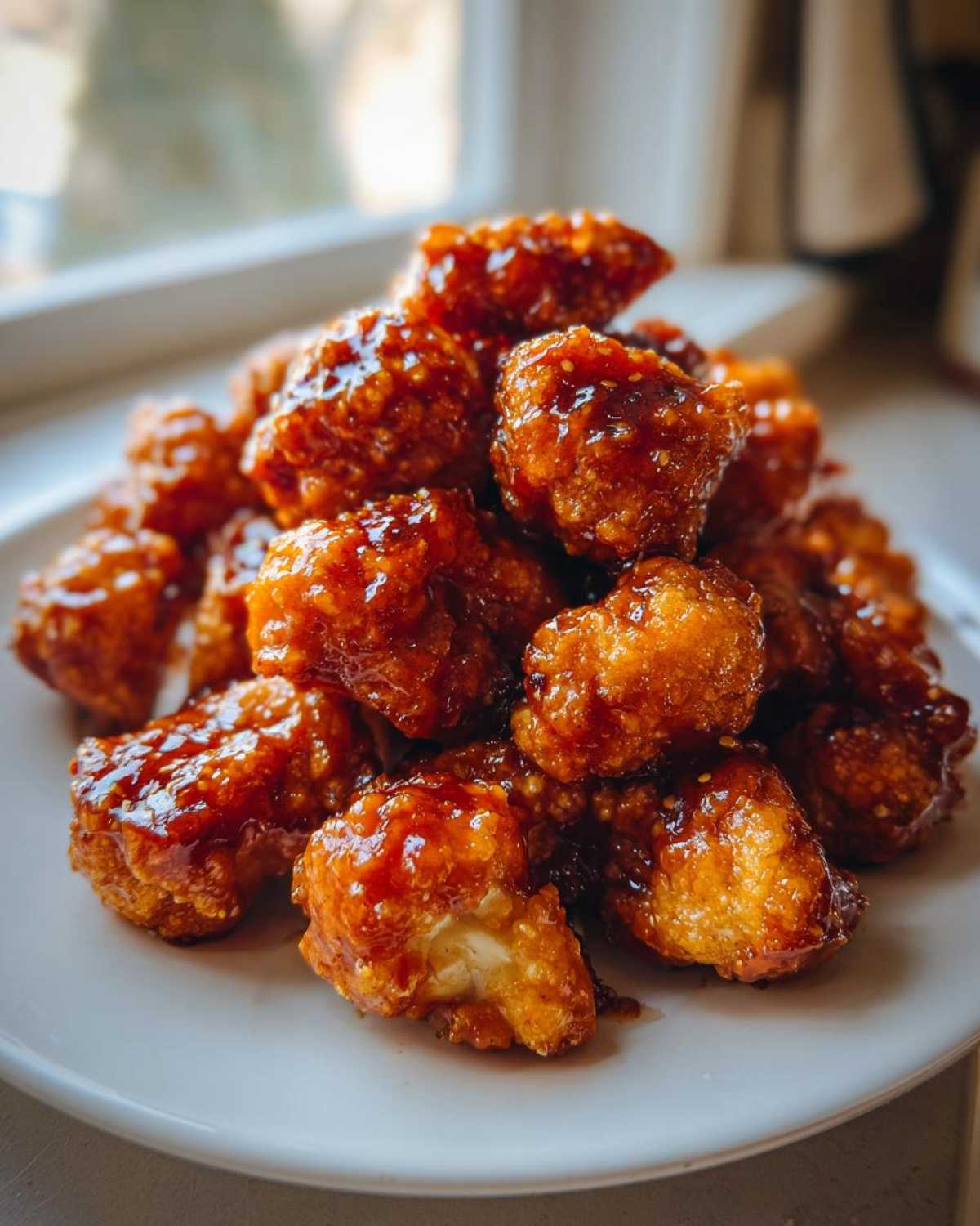 Close-up of a white plate piled high with sticky, glossy Air Fryer Crispy BBQ Cauliflower Bites.