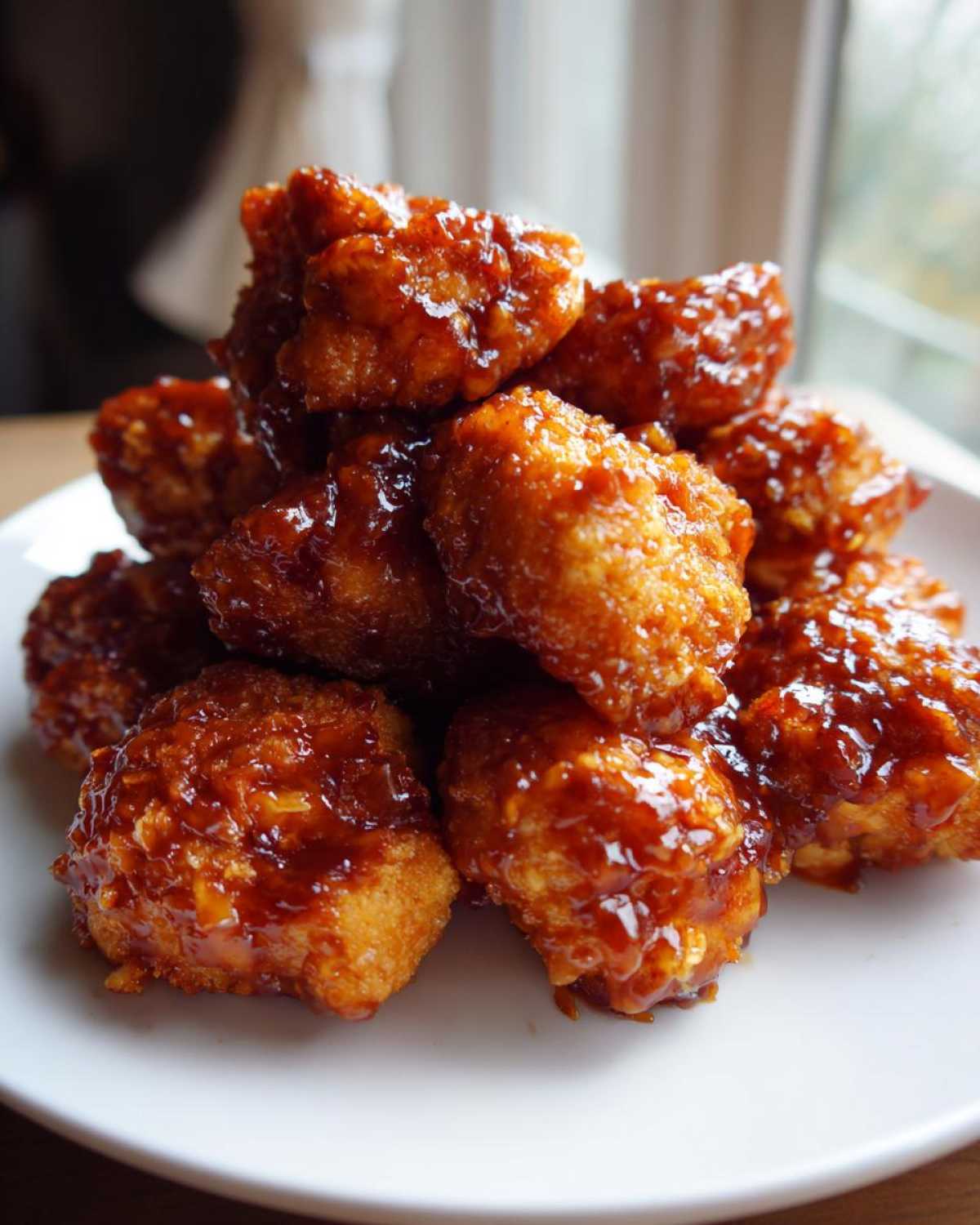 A close-up stack of golden, crispy Air Fryer Crispy BBQ Cauliflower Bites coated in a shiny, thick BBQ sauce.