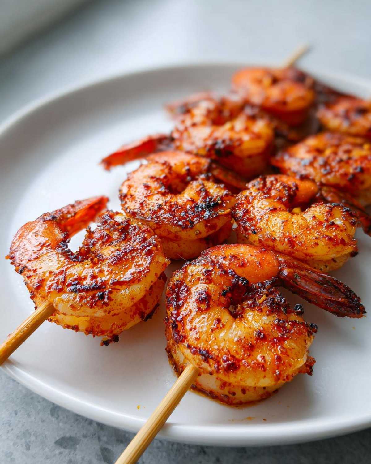 Close-up of perfectly cooked Air Fryer Crispy Cajun Shrimp Skewers seasoned with red spices, served on a white plate.
