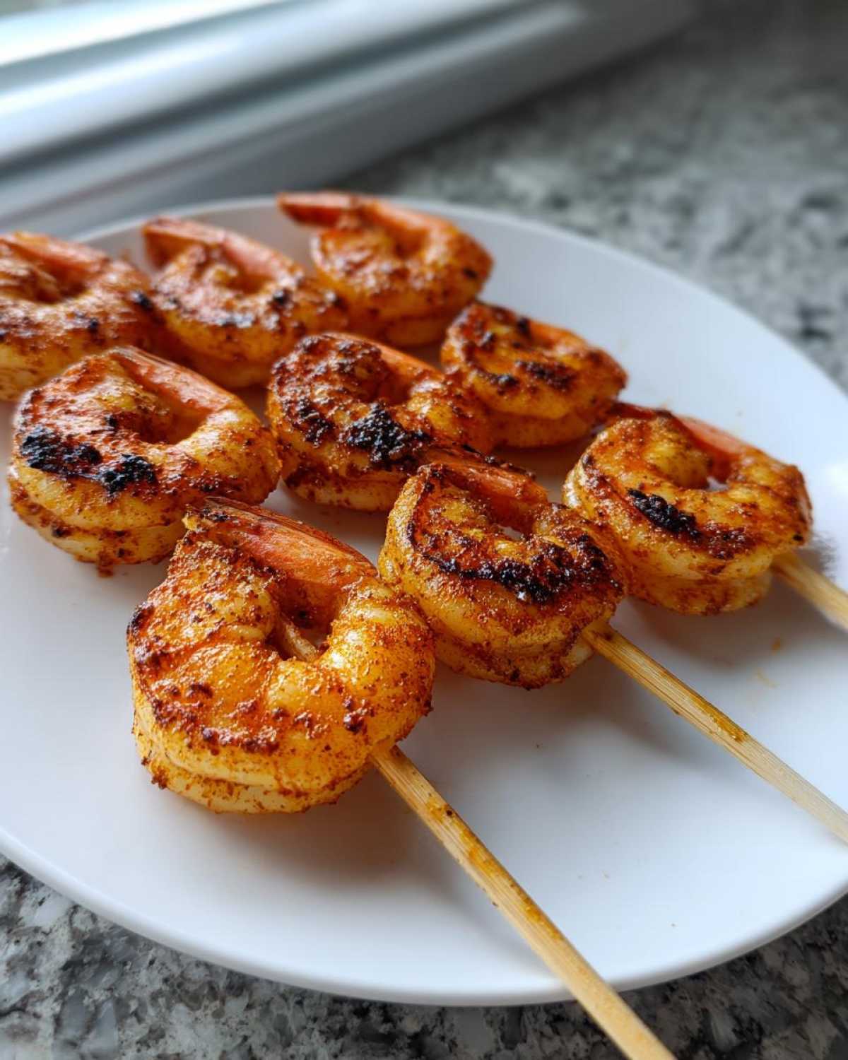 Close-up of several Air Fryer Crispy Cajun Shrimp Skewers arranged on a white plate.