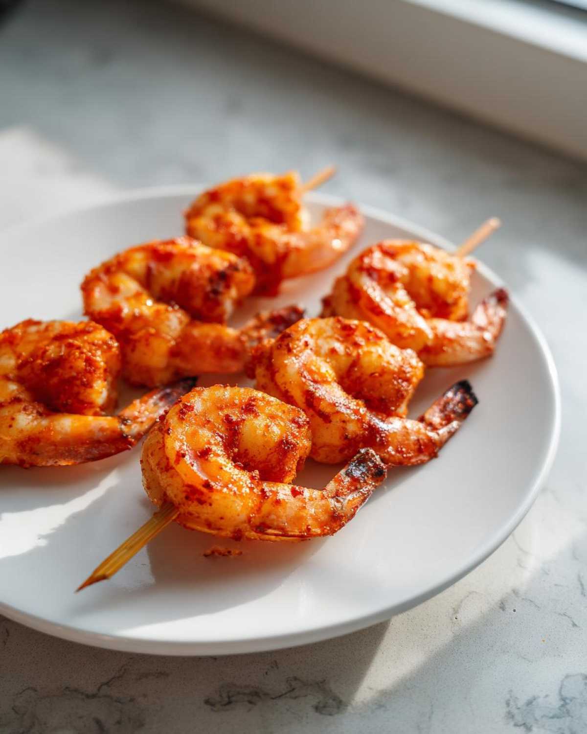 Close-up of several Air Fryer Crispy Cajun Shrimp Skewers seasoned with red spices, resting on a white plate.