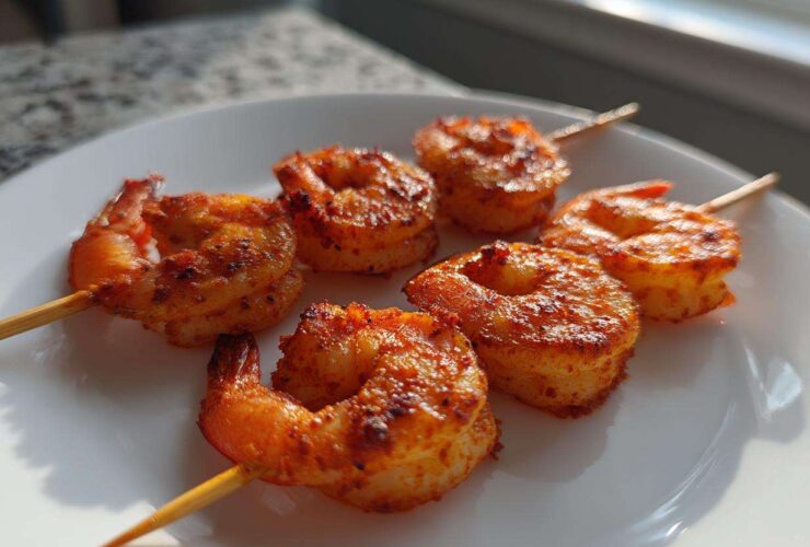 Close-up of several Air Fryer Crispy Cajun Shrimp Skewers arranged on a white plate, showing golden-brown seasoning.