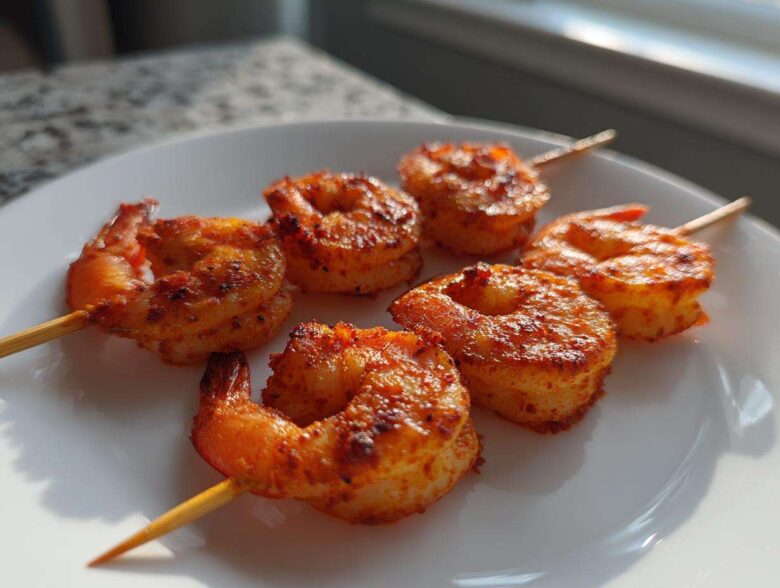 Close-up of several Air Fryer Crispy Cajun Shrimp Skewers arranged on a white plate, showing golden-brown seasoning.