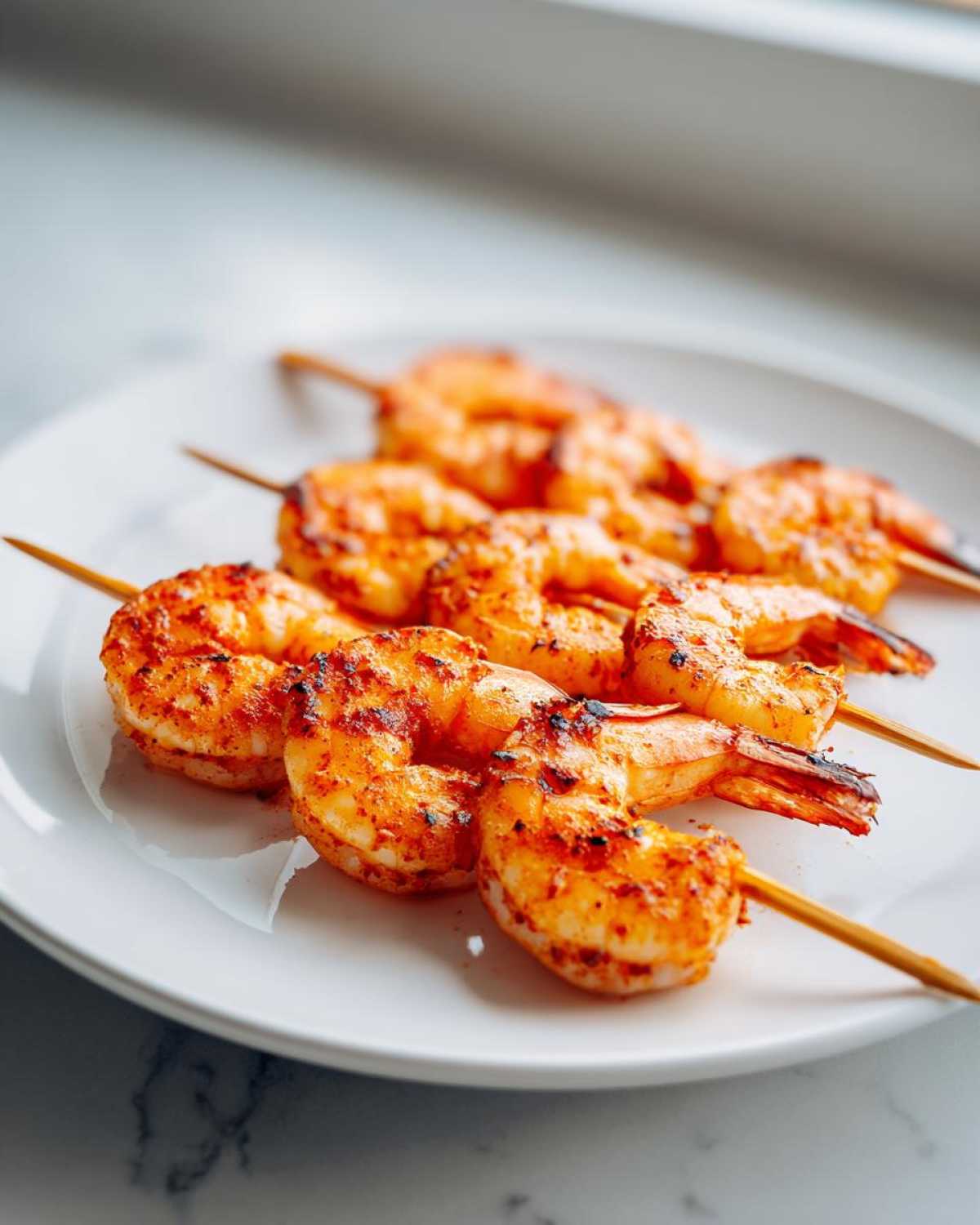 Three skewers of perfectly cooked Air Fryer Crispy Cajun Shrimp Skewers resting on a white plate.